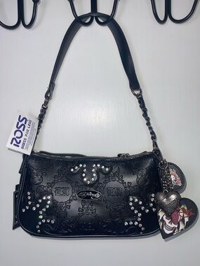 NWT Ed Hardy Black Embossed Studded Shoulder Bag